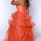 Tease prom TE2420 orange. Tulle ruffles on a tiered skirt, exposed boning on bodice, strapless, ballgown.