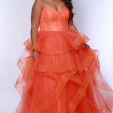 Tease prom TE2420 Orange. Tulle ruffles on a tiered skirt, exposed boning on bodice, strapless, ballgown.