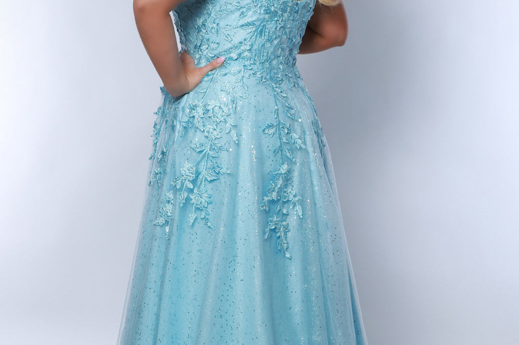 Tease Prom TE2423 Bluejay. A-line silhouette, Embroidered lace floral appliques with silver hot fix stones on sparkle iridescent tulle, Straps covered in lace, V-neckline, V-back, Long invisible center back zipper, Natural waistline, A-line skirt, Pockets.