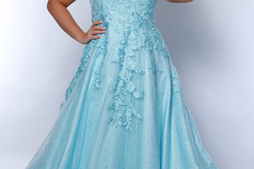 Tease Prom TE2423 Blue. A-line silhouette, Embroidered lace floral appliques with silver hot fix stones on sparkle iridescent tulle, Straps covered in lace, V-neckline, V-back, Long invisible center back zipper, Natural waistline, A-line skirt, Pockets.