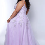 Tease Prom TE2423 Lilac. A-line silhouette, Embroidered lace floral appliques with silver hot fix stones on sparkle iridescent tulle, Straps covered in lace, V-neckline, V-back, Long invisible center back zipper, Natural waistline, A-line skirt, Pockets.