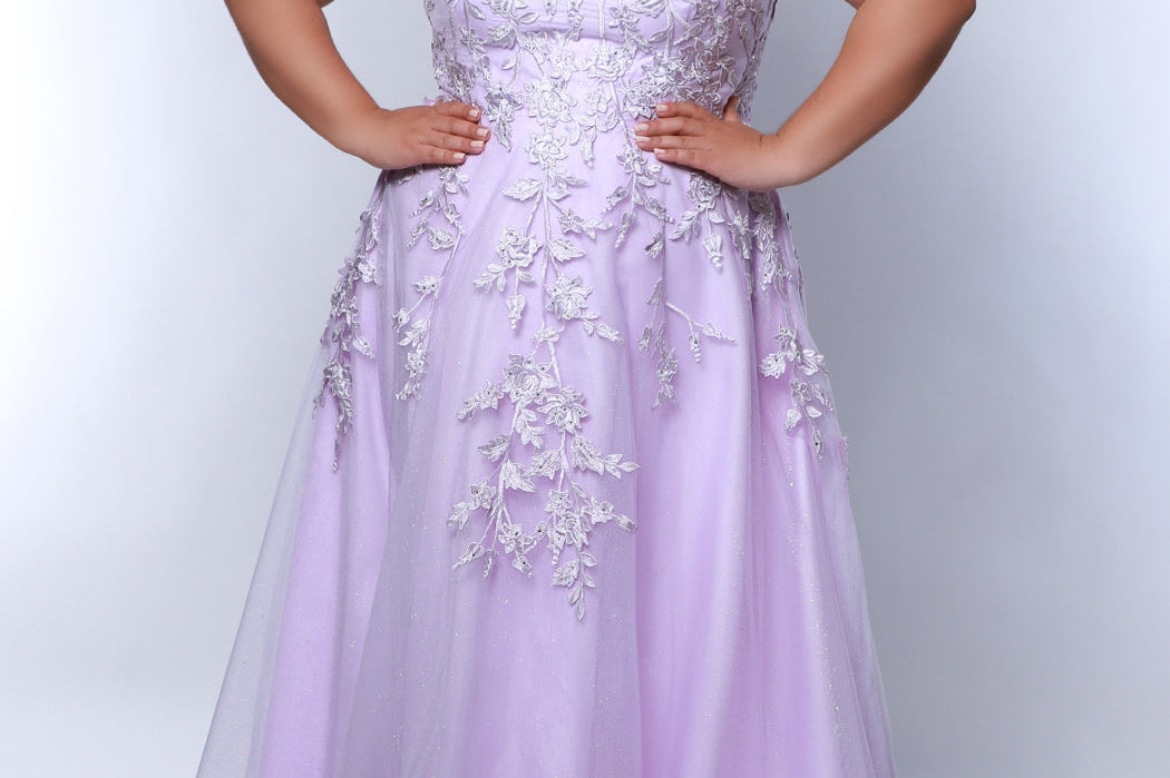 Tease Prom TE2423 Lilac. A-line silhouette, Embroidered lace floral appliques with silver hot fix stones on sparkle iridescent tulle, Straps covered in lace, V-neckline, V-back, Long invisible center back zipper, Natural waistline, A-line skirt, Pockets.