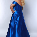 Tease Prom TE2424 blue, off the shoulder, sweetheart neckline, a-line skirt, satin with exposed boning on bodice, slit. 
