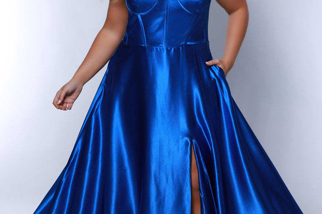 Tease Prom TE2424 blue, off the shoulder, sweetheart neckline, a-line skirt, satin with exposed boning on bodice, slit. 