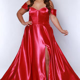 Tease Prom TE2424 raspberry off the shoulder, sweetheart neckline, a-line skirt, satin with exposed boning on bodice, slit. 
