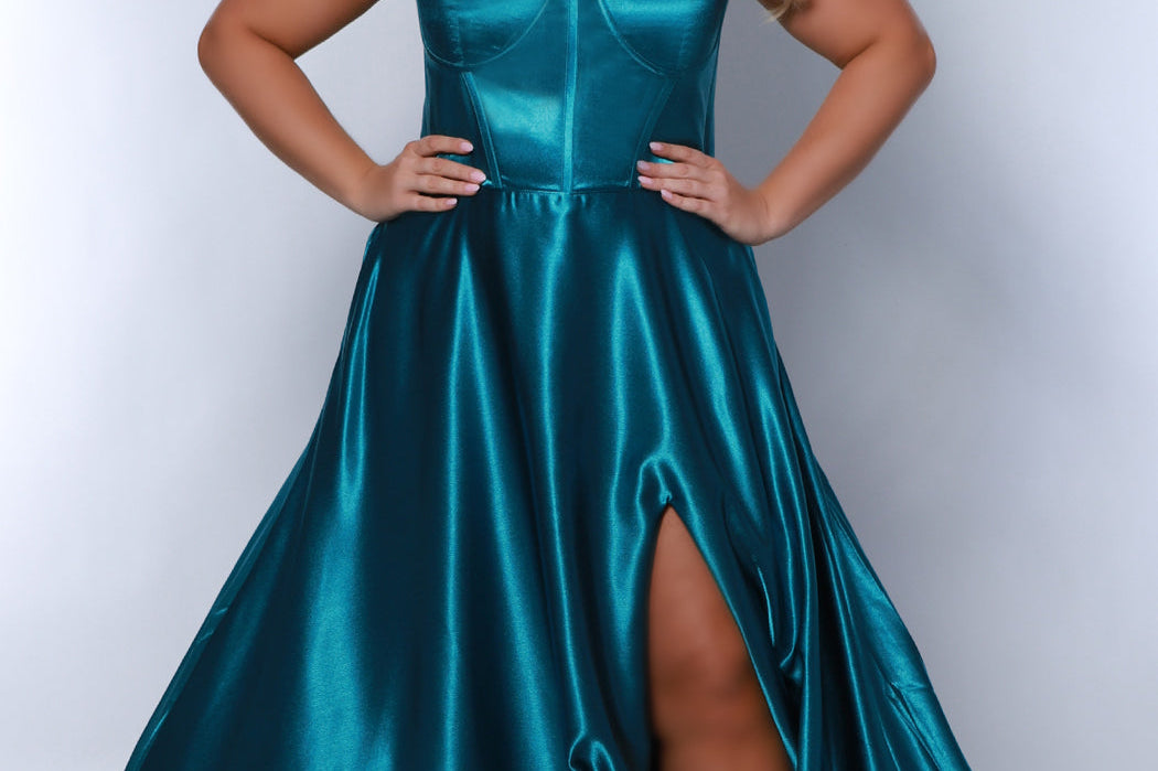 Tease Prom TE2424 teal, off the shoulder, sweetheart neckline, a-line skirt, satin with exposed boning on bodice, slit. 
