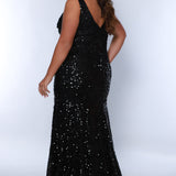 Tease prom TE2425 Black. V-neckline, slim silhouette, bra-friendly straps, all over sequin, tone-on-tone lace appliques on bodice.