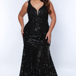 Tease prom TE2425 Black. V-neckline, slim silhouette, bra-friendly straps, all over sequin, tone-on-tone lace appliques on bodice.  