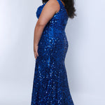 Tease prom TE2425 Blue. V-neckline, slim silhouette, bra-friendly straps, all over sequin, tone-on-tone lace appliques on bodice.