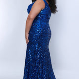 Tease prom TE2425 Blue. V-neckline, slim silhouette, bra-friendly straps, all over sequin, tone-on-tone lace appliques on bodice.