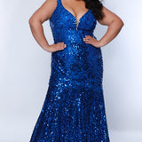 Tease prom TE2425 Blue. V-neckline, slim silhouette, bra-friendly straps, all over sequin, tone-on-tone lace appliques on bodice.