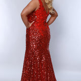 Tease prom TE2425 Red. V-neckline, slim silhouette, bra-friendly straps, all over sequin, tone-on-tone lace appliques on bodice.