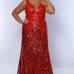 Tease prom TE2425 Red. V-neckline, slim silhouette, bra-friendly straps, all over sequin, tone-on-tone lace appliques on bodice.