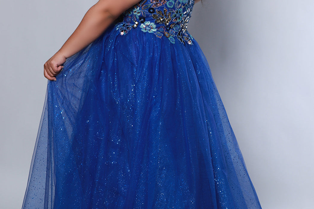 Tease Prom TE2427 Blue. A-line silhouette, Sequin, beaded floral fabric on net, sparkle tulle Spaghetti straps, V-neckline, Tone-on-tone sparkle mesh insert, Slight scoop with V-back, Long invisible center back zipper, Natural waistline, Gathered A-line skirt with horsehair hem.