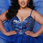 Tease Prom TE2427 Blue. A-line silhouette, Sequin, beaded floral fabric on net, sparkle tulle Spaghetti straps, V-neckline, Tone-on-tone sparkle mesh insert, Slight scoop with V-back, Long invisible center back zipper, Natural waistline, Gathered A-line skirt with horsehair hem.