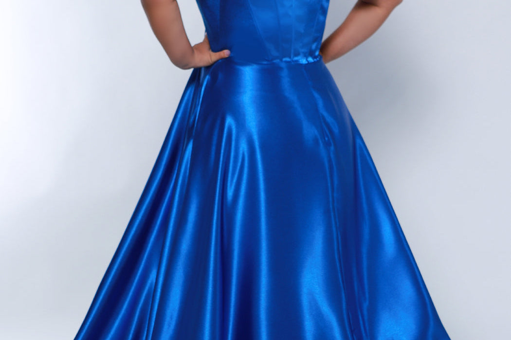 Tease Prom TE2428 royal, scoop neckline, bra friendly straps, A-line satin, exposed boning on bodice.