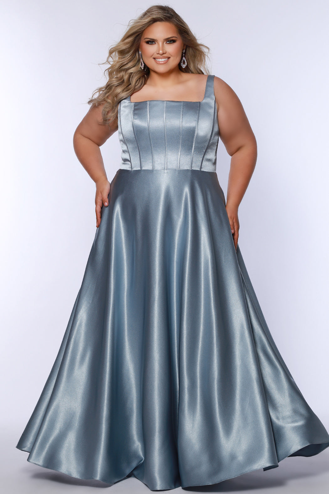 Tease Prom TE2428 Ice blue, scoop neckline, bra friendly straps, A-line satin, exposed boning on bodice.