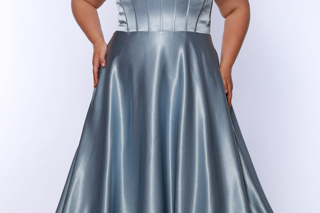 Tease Prom TE2428 Ice blue, scoop neckline, bra friendly straps, A-line satin, exposed boning on bodice.