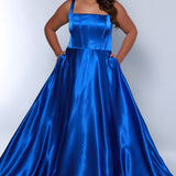 Tease Prom TE2428 royal, scoop neckline, bra friendly straps, A-line satin, exposed boning on bodice.