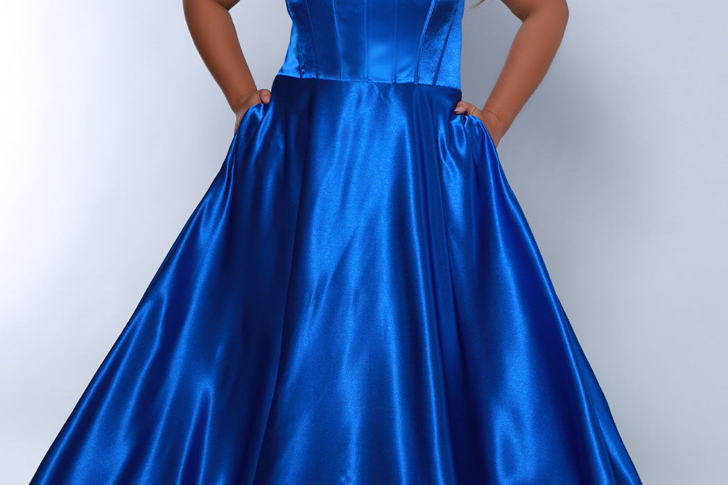 Tease Prom TE2428 royal, scoop neckline, bra friendly straps, A-line satin, exposed boning on bodice.