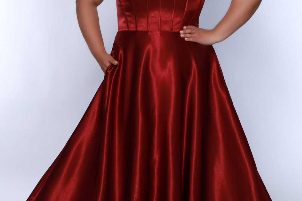 Tease Prom TE2428 Burgundy, scoop neckline, bra friendly straps, A-line satin, exposed boning on bodice.