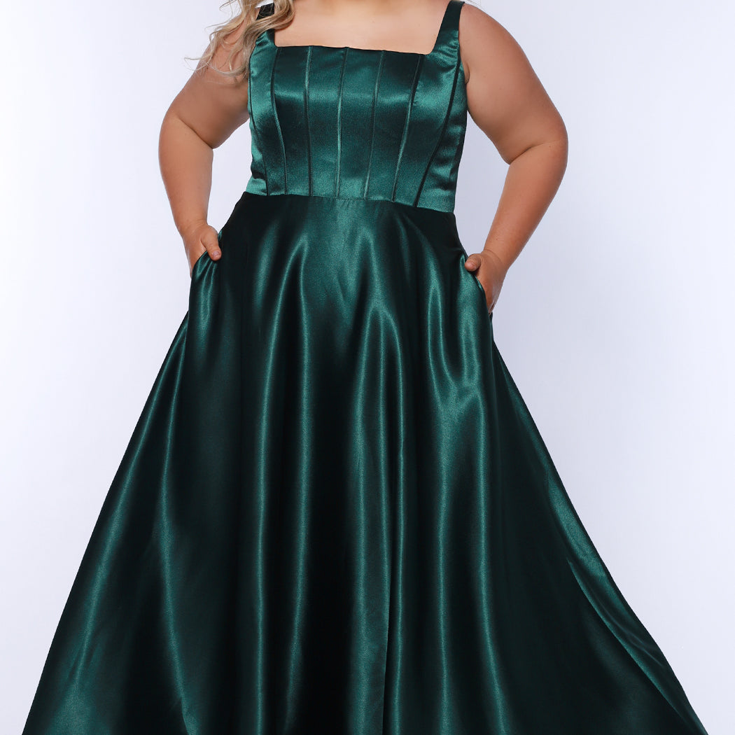 Tease Prom TE2428 Forset green, scoop neckline, bra friendly straps, A-line satin, exposed boning on bodice.