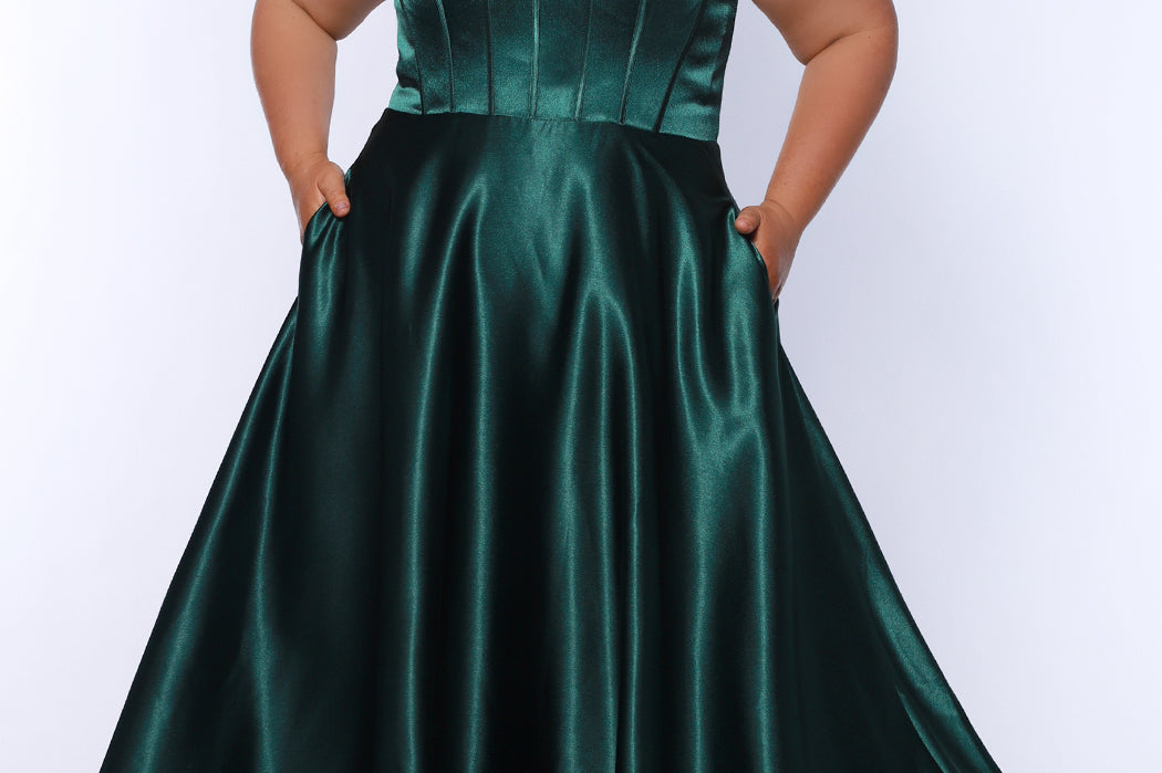 Tease Prom TE2428 Forset green, scoop neckline, bra friendly straps, A-line satin, exposed boning on bodice.