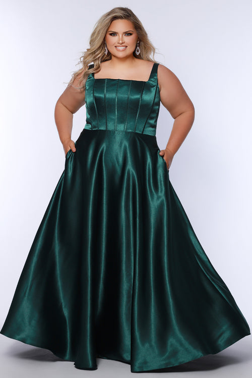 Tease Prom TE2428 Forset green, scoop neckline, bra friendly straps, A-line satin, exposed boning on bodice.