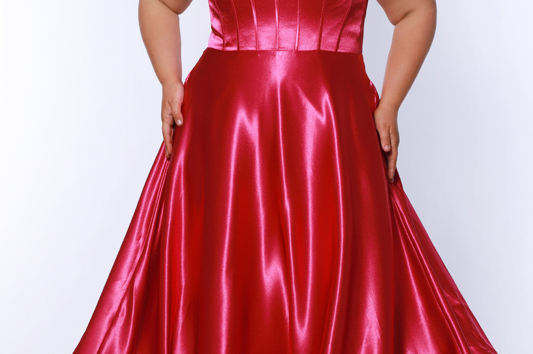 Tease Prom TE2428 Magenta pink, scoop neckline, bra friendly straps, A-line satin, exposed boning on bodice.