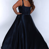 Tease Prom TE2428 navy, scoop neckline, bra friendly straps, A-line satin, exposed boning on bodice.