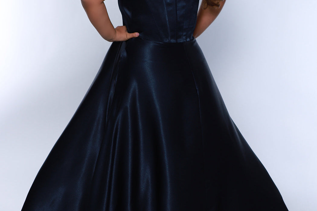 Tease Prom TE2428 navy, scoop neckline, bra friendly straps, A-line satin, exposed boning on bodice.