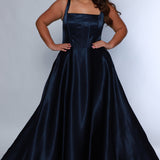 Tease Prom TE2428 navy, scoop neckline, bra friendly straps, A-line satin, exposed boning on bodice.