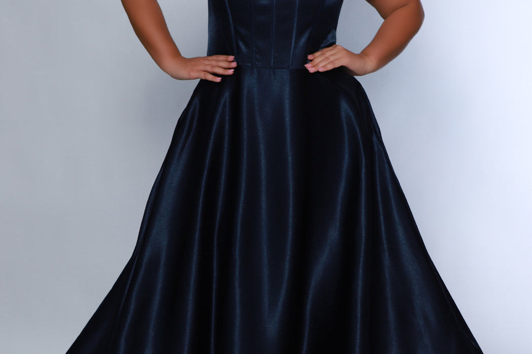 Tease Prom TE2428 navy, scoop neckline, bra friendly straps, A-line satin, exposed boning on bodice.