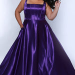 Tease Prom TE2428 purple, scoop neckline, bra friendly straps, A-line satin, exposed boning on bodice.