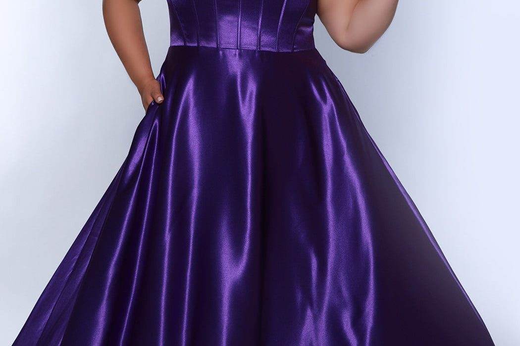 Tease Prom TE2428 purple, scoop neckline, bra friendly straps, A-line satin, exposed boning on bodice.