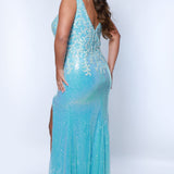 Tease Prom TE2430 Blue. Fitted silhouette, Clear sequin vine applique with silver trim over iridescent sequins, Bra-friendly straps, V-neckline, Deep V-back, Long invisible center back zipper, Natural waistline, Slim, fitted skirt with slit, Sweep train.