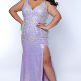 Tease Prom TE2430 Purple. Fitted silhouette, Clear sequin vine applique with silver trim over iridescent sequins, Bra-friendly straps, V-neckline, Deep V-back, Long invisible center back zipper, Natural waistline, Slim, fitted skirt with slit, Sweep train.