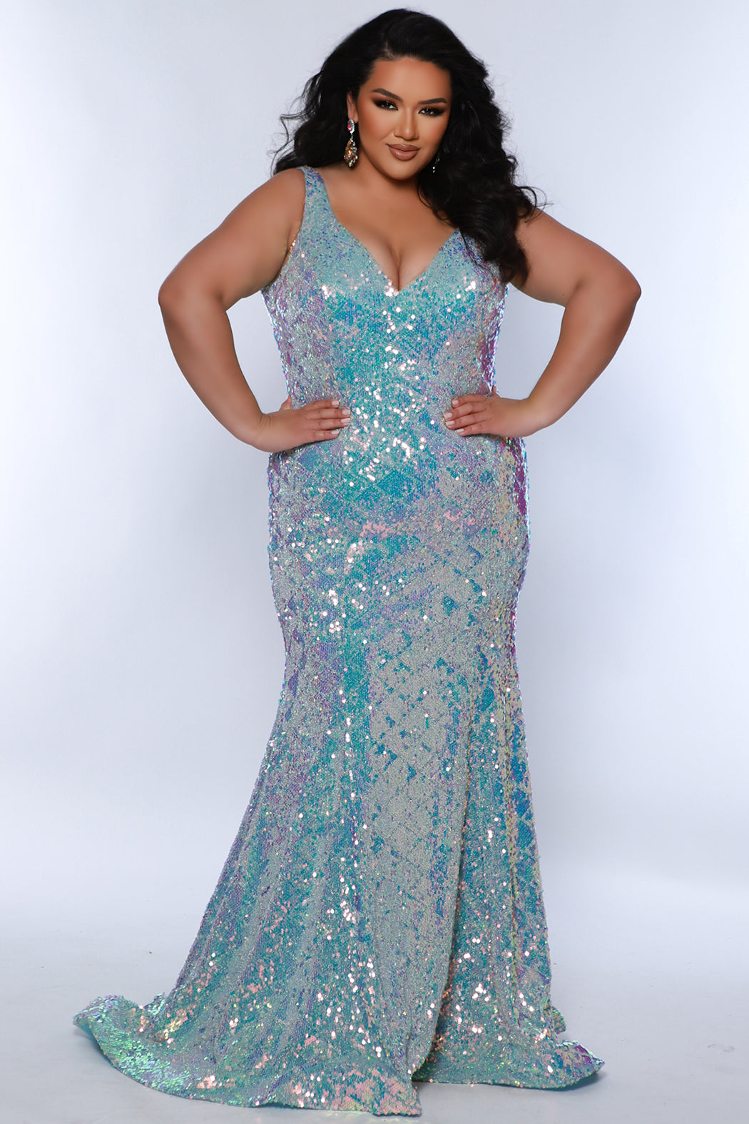 Tease Prom TE2432 Aqua. Princess silhouette, Diamond patterned iridescent sequins, Bra-friendly straps, V-neckline, Deep V-back, Long invisible center back zipper, Slim, fitted skirt, Horsehair hem, Sweep train.