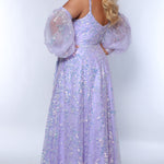 Tease Prom TE2433 light purple, Plus size A-line dress with iridescent sequins, v-neck, sequin covered straps, slit, bicep to wrist puff sleeves.