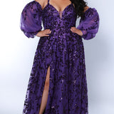 Tease Prom TE2433 deep purple, Plus size A-line dress with purple sequins, v-neck, sequin covered straps, slit, bicep to wrist puff sleeves. 