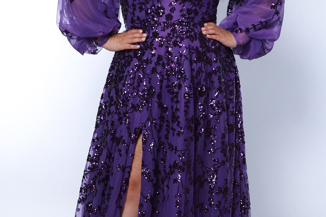 Tease Prom TE2433 deep purple, Plus size A-line dress with purple sequins, v-neck, sequin covered straps, slit, bicep to wrist puff sleeves. 