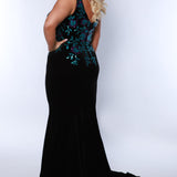 Tease Prom TE2434 Black/Multi. Stretch velvet with two-tone floral and leave sequin applique, Mermaid fitted silhouette, Deep V-neckline, Bra-friendly straps, Natural waistline, V-back, Long invisible center back zipper, Slim/fitted skirt, Train with center back godet, Horsehair hem.
