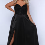 Best selling Tease Prom TE2437 plus size, A-line prom dress with double spaghetti straps, V-neckline, lace bodice and satin skirt with pockets and slit. Available in purple, blue, black, red, or green. 