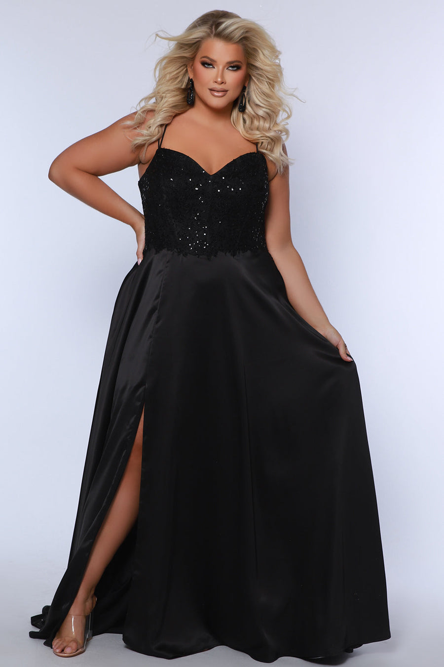 Best selling Tease Prom TE2437 plus size, A-line prom dress with double spaghetti straps, V-neckline, lace bodice and satin skirt with pockets and slit. Available in purple, blue, black, red, or green. 