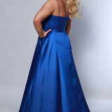 Best selling Tease Prom TE2437 plus size, A-line prom dress with double spaghetti straps, V-neckline, lace bodice and satin skirt with pockets and slit. Available in purple, blue, black, red, or green. 