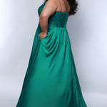 Best selling Tease Prom TE2437 plus size, A-line prom dress with double spaghetti straps, V-neckline, lace bodice and satin skirt with pockets and slit. Available in purple, blue, black, red, or green. 