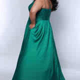 Best selling Tease Prom TE2437 plus size, A-line prom dress with double spaghetti straps, V-neckline, lace bodice and satin skirt with pockets and slit. Available in purple, blue, black, red, or green. 