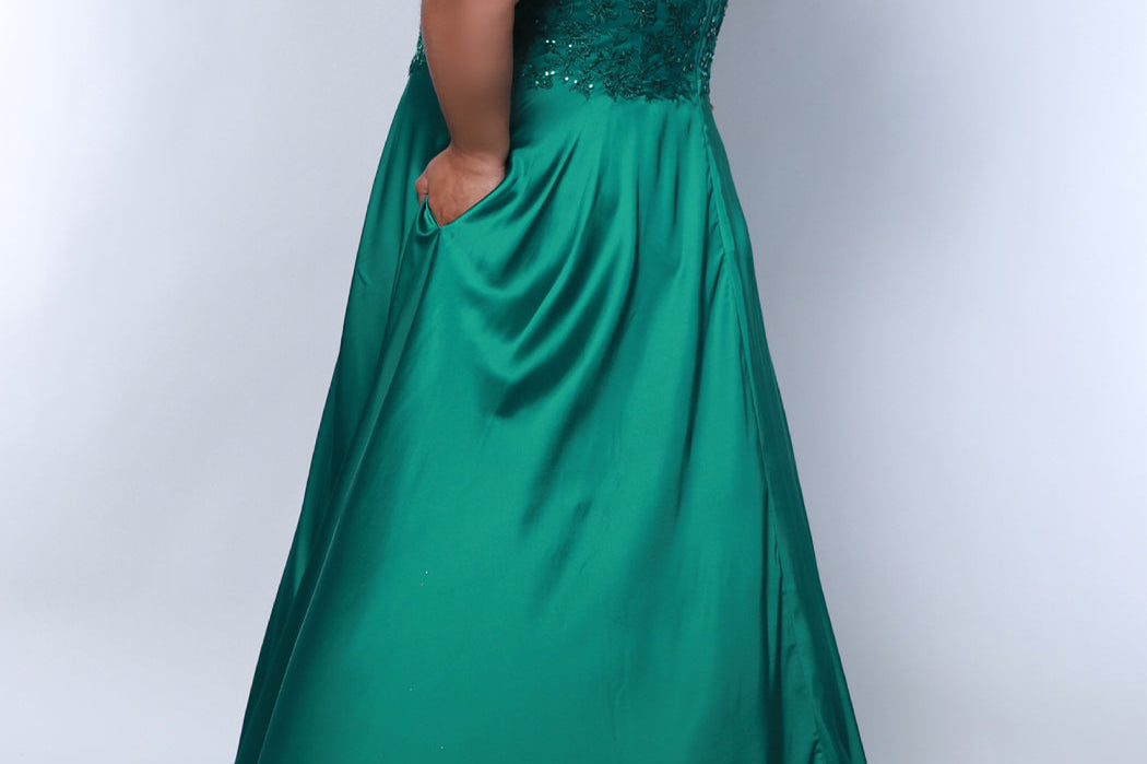 Best selling Tease Prom TE2437 plus size, A-line prom dress with double spaghetti straps, V-neckline, lace bodice and satin skirt with pockets and slit. Available in purple, blue, black, red, or green. 