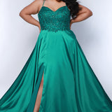 Tease Prom TE2437 forest green, plus size, a-line, slit, lace covered bodice, double spaghetti straps, satin skirt.