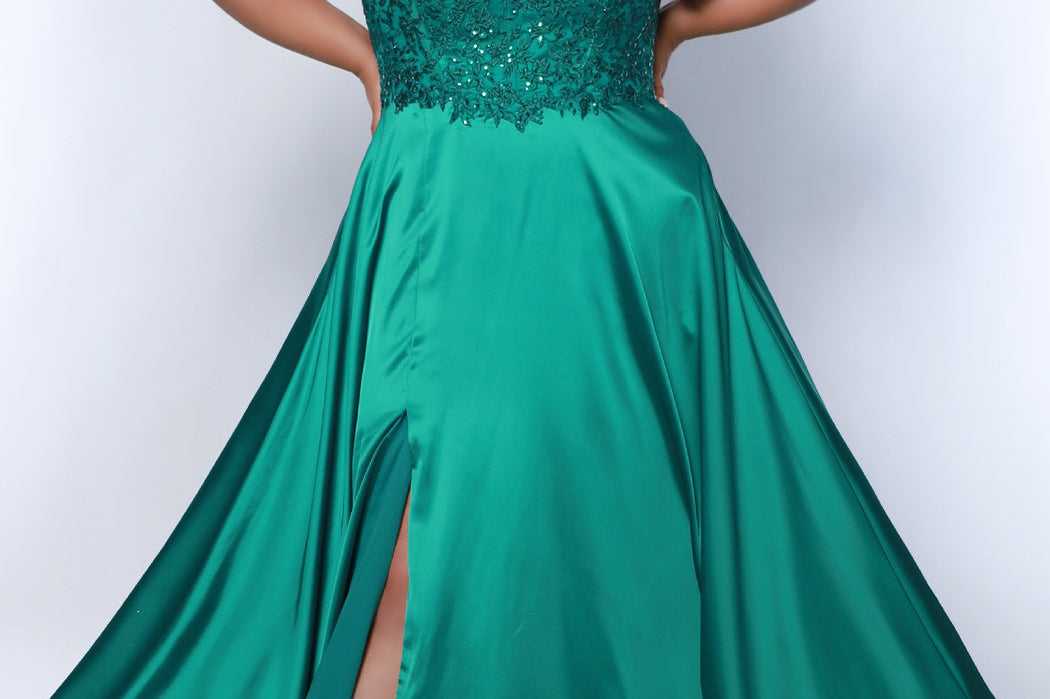 Tease Prom TE2437 forest green, plus size, a-line, slit, lace covered bodice, double spaghetti straps, satin skirt.